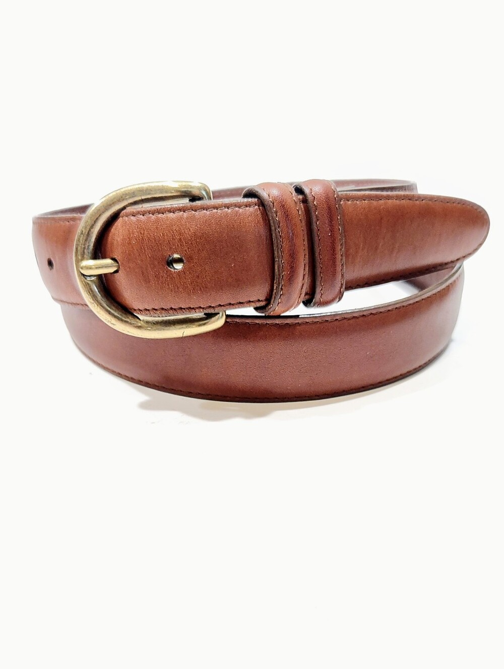 Lands' End Mens Leather Belt Cognac Brown Brass Buckle Belt Size 34 1.125" Wide